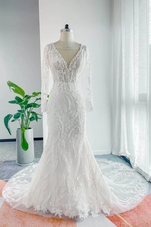Trumpet-mermaid Chapel Train Lace Tulle Wedding Dress Cw3141 - As Picture:ivory/sand/us10-uk12-eur40
