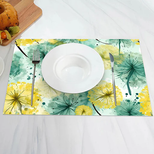 Green Yellow Ink Leaves Vintage Set Of 4 Placemats - 14x12 Inch