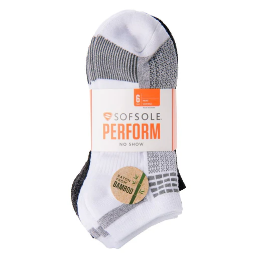 Sof Sole Performance No Show Bamboo Socks, Black/white/gray, Large, 6 Pair