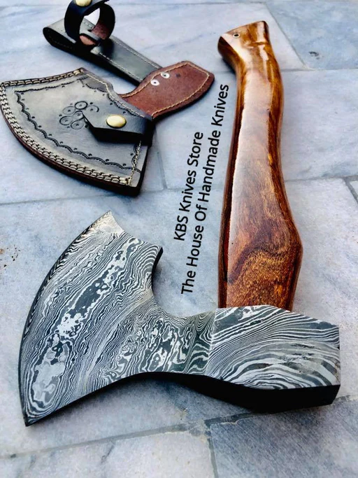 Handmade Custom Viking Axe With Damascus Steel Blade And Rosewood Handle, Leather Sheath Included