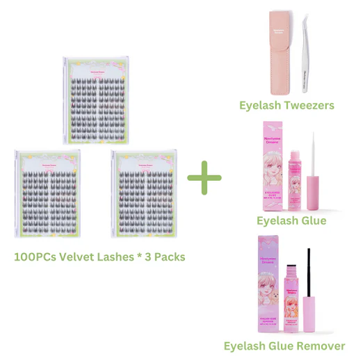100pcs Velvet Lashes - 3 Packs + Accessories (tweezers + Daily Lash Glue + Lash Remover)