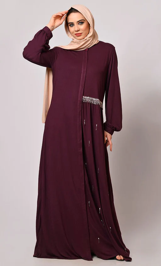 Handcrafted Wine Abaya With One Side Waist Gathers
