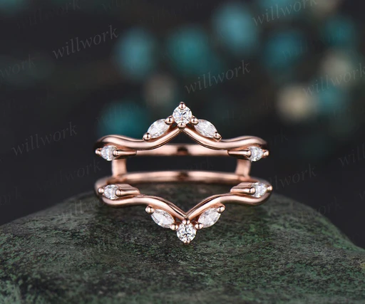 Double Curved Diamond Wedding Band Enhancer Wraps Solid 14k Rose Gold Art Deco Stacking Twisted Moissanite Anniversary Ring Band Gift