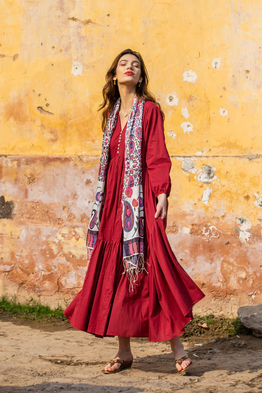 Relaxed Fit Long Sleeved Cotton Maxi Dress In Pomegranate - M