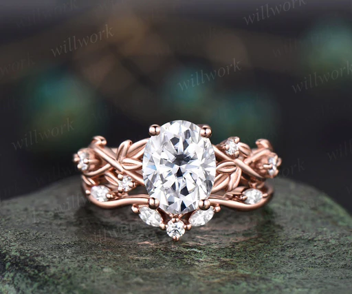Leaf Vintage Oval Igi Lab Grown Diamond Engagement Ring Twig Nature Inspired Branch Bridal Ring Set