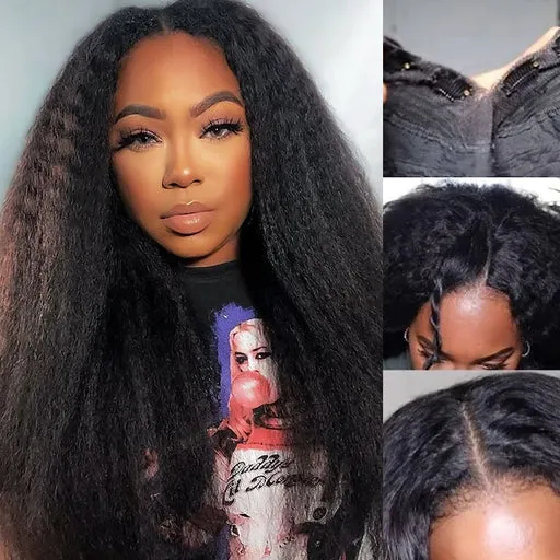 Invisible V Part No Leave Out Kinky Straight Human Hair Wig With Pre-plucked Hairline - 16/normal/180%