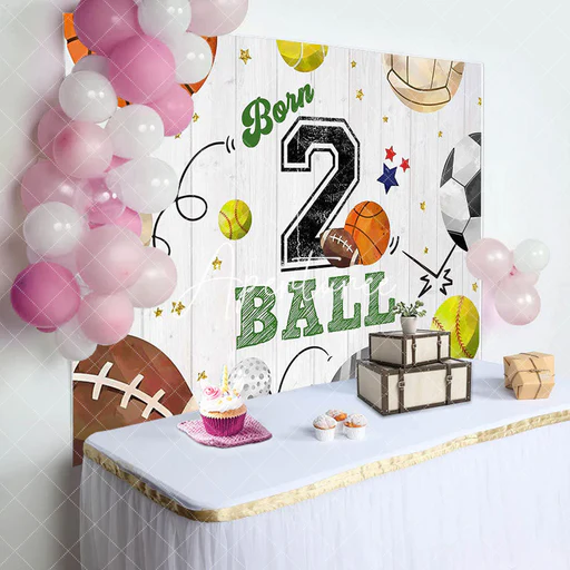 Retro Balls Sports Wood Grain 2nd Birthday Backdrop