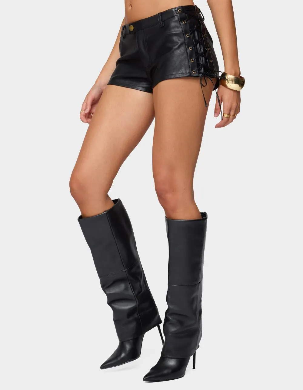 Edikted Kariss Lace Up Faux Leather Micro Shorts