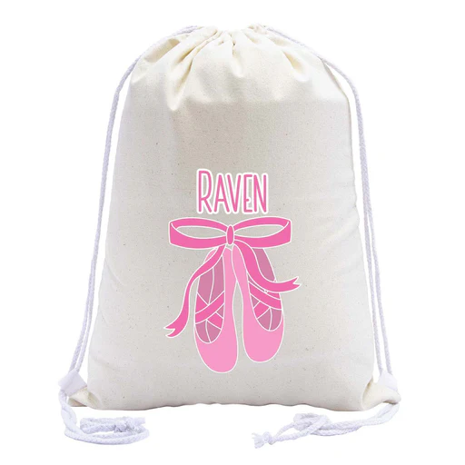 Custom Name And Ballerina Dance Shoes Cotton Drawstring Bag - Natural/3 Bags