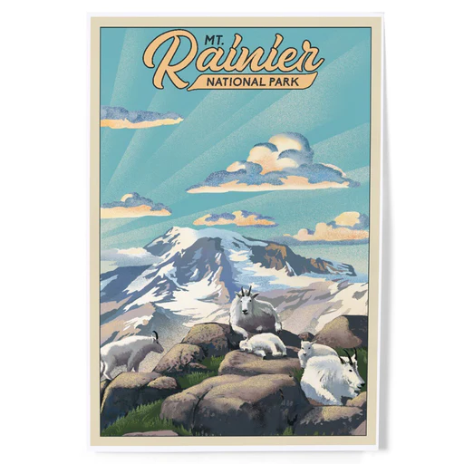 Mt Rainier National Park, Goats, Lithograph, Art & Giclee Prints - 11 X 14 Matted Art Print