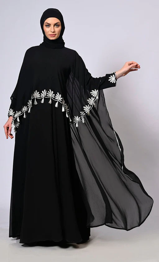 2 Pc Cape Style Embroidered Black Abaya With Scalloped Edges