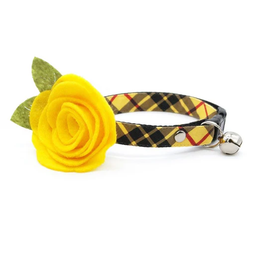 Cat Collar + Flower Set - "iconic" - Yellow Macleod Tartan Plaid Cat Collar W/ Buttercup Yellow Felt Flower (detachable) / Cat, Kitten + Small Dog Sizes - Silver/small Dog (12-16)/breakaway