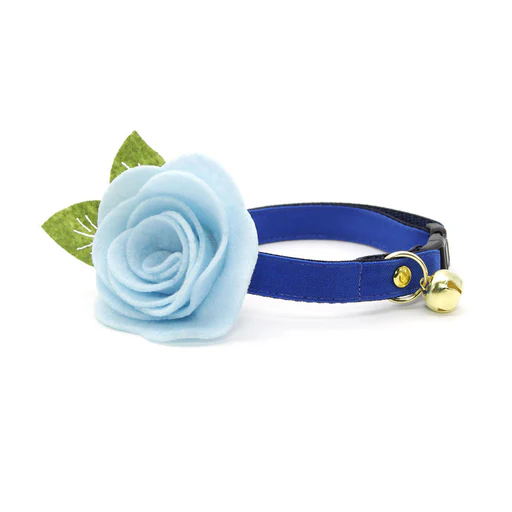 Cat Collar + Flower Set - Cobalt Blue - Solid Blue Collar + Sky Blue Felt Flower