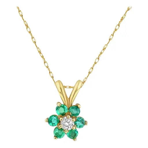 Flower Shaped Emerald Cluster Necklace .40cttw 14k Yellow Gold 16"