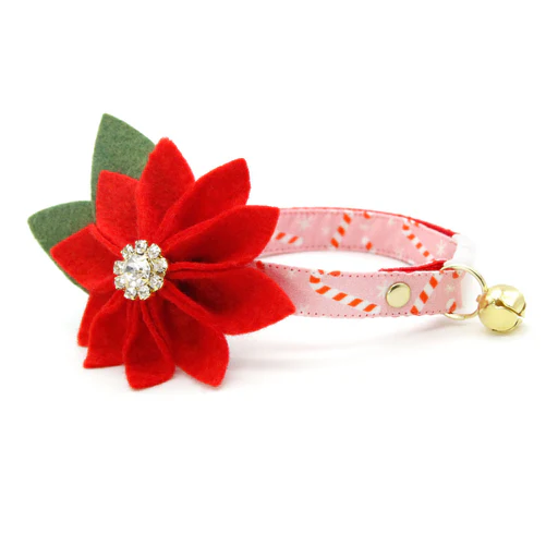 Cat Collar + Flower Set - "candy Christmas" - Pink Candy Cane Cat Collar + Specialty Christmas Red Poinsettia Felt Flower (detachable) - Silver/non-breakaway
