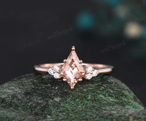 Kite Cut Morganite Engagement Ring Set Solid 14k Rose Gold Minimalist Dainty Diamond Stacking Wedding Promise Ring Women Her - 14k Yellow Gold/2pc Ring Set+d
