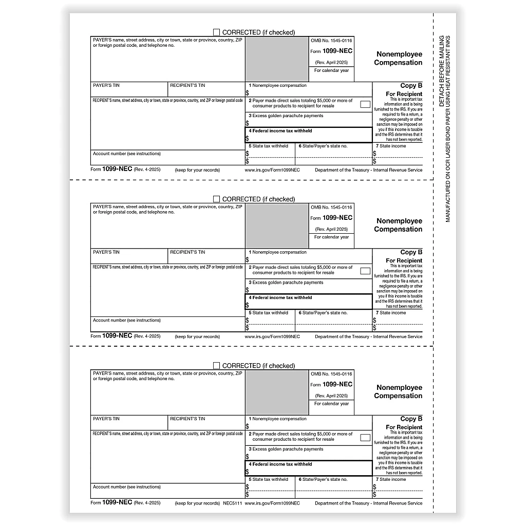Complyright 1099-nec Tax Forms, Recipient Copy B, 3-up, 8-1/2" X 11", Pack Of 150 Forms