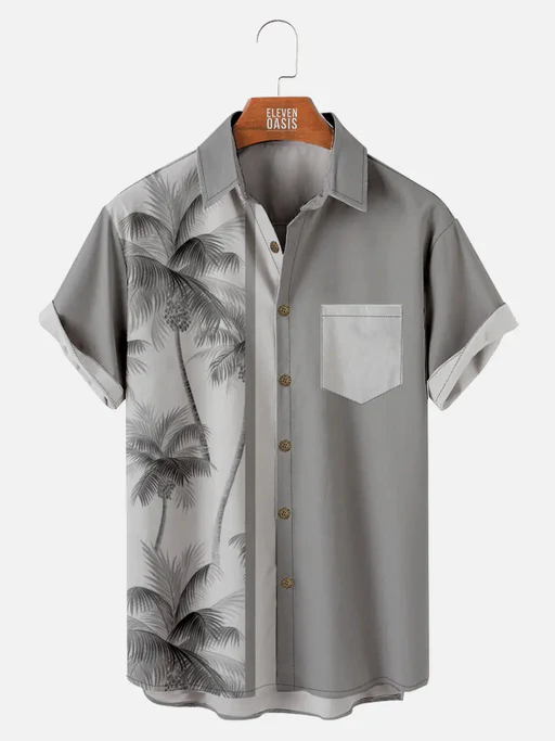 Tall Men's Coconut Tree Casual Breathable Hawaiian Short Sleeve Shirt - Yellow