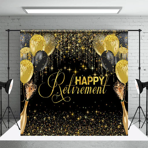 Champagne Black Gold Ballloons Retirement Backdrop