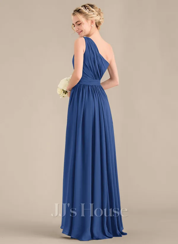 A-line One Shoulder Asymmetrical Chiffon Bridesmaid Dress With Cascading Ruffles (007144732)