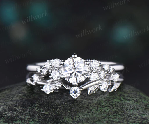 Round Cut Moissanite Snowdrift Engagement Ring Set 14k White Gold Stacking Diamond Wedding Ring Band Women Unique Promise Ring Gift - 14k Yellow Gold/2pc Ring Set+m
