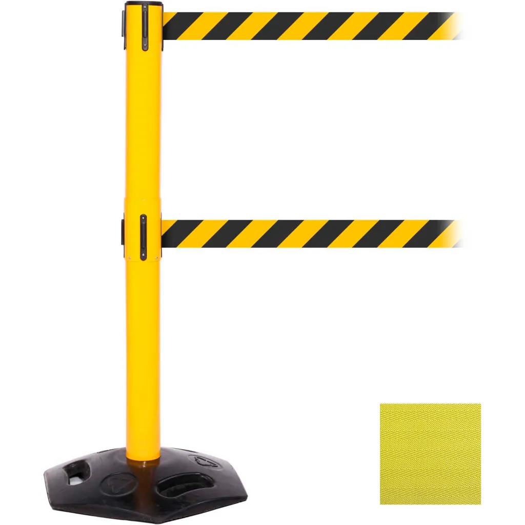 Weathermaster Twin Retractable Belt Barrier, 40" Yellow Post, 11' Yellow Belt