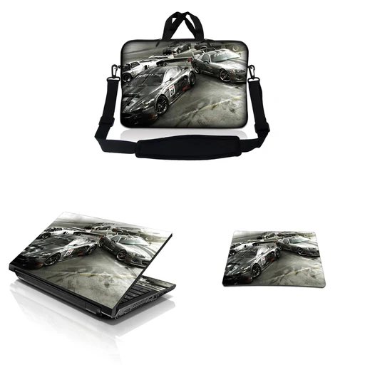 Notebook / Netbook Sleeve Carrying Case W/ Handle & Adjustable Shoulder Strap & Matching Skin & Mouse Pad – Race Cars - 15"-15.6"