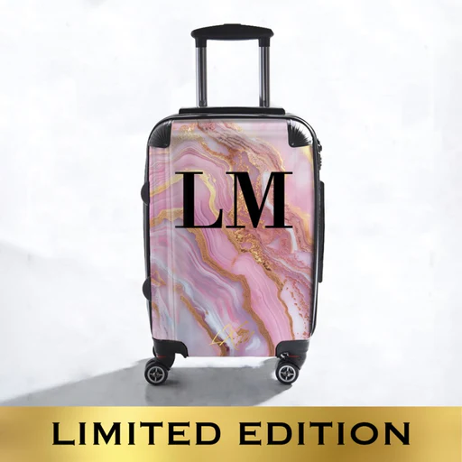 Limited Edition Personalised Pink Magenta Marble Initials Suitcase - Kids/mini Cabin (44x31x20cm / 17.3-inch)