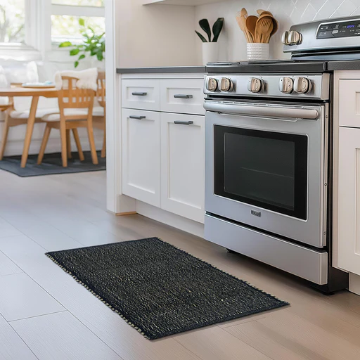 Black Jute & Cotton Woven Rug - Simple Farmhouse Reversible Rug - Rectangle/5' X 7'