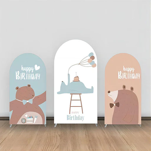 Brown Blue Bear Balloon Cakes Arch Backdrop Kit - Three Backdrop Covers With Frames