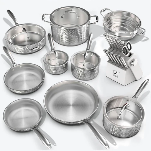 Tri-ply Stainless Steel Cookware And Forged Knife Set With Sharpener - White