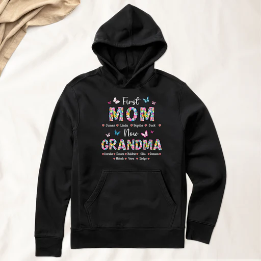 First Mom Now Grandma Floral - Personalized Shirt Christmas Gift For Mom - Christmas Gift For Mom - Christmas Gift For Grandma - Pullover Hoodie/navy/3xl