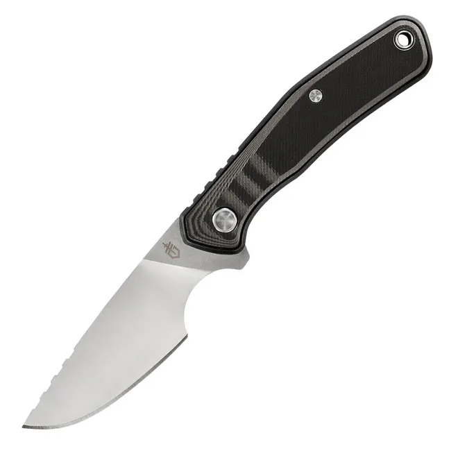 Gerber Downwind Black Fixed Blade Caper, Plain Edge, Drop Point, Waxed Canvas Sheath