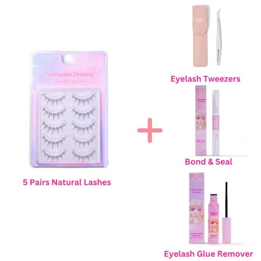 5 Pairs Natural Lashes - 1 Pack + Accessories (tweezers + Bond & Seal + Lash Remover)