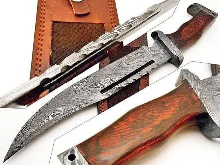 Rambo Knife - Custom Handmade Damascus Steel Bowie With Rosewood Handle And Leather Sheath
