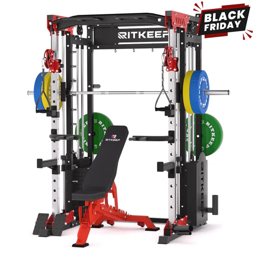Pmax 5600 Smith Exercise Machine Trainer Pro Complete Home Gym Package - Black (2024)/rab 3000 (red)/340lb Color Bumper