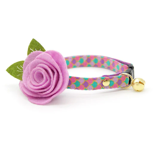 Mermaid Cat Collar + Flower Set - "mermaid Song" - Pink, Teal & Purple Fish Scales Cat Collar W/ Lavender Felt Flower (detachable) / Cat, Kitten + Small Dog Sizes - Gold/mini Dog (8-13)/non-breakaway
