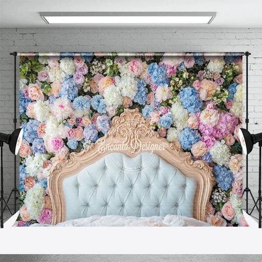 Aperturee Bloom Colorful Floral Gold White Headboard Backdrop - 5x3ft(1.5x1m)