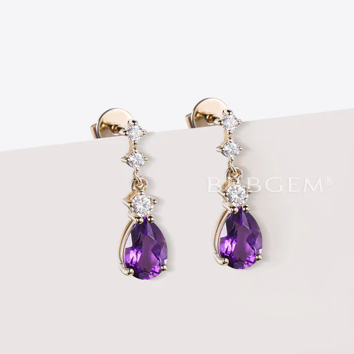Pear Natural Amethyst Drop Earrings Minimalist Dangle Earrings - Diamond/18k White Gold