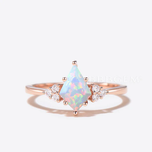 Kite Cut White Opal Engagement Ring Diamond Cluster Bridal Ring Set - 1pc Main Ring+moissanite/14k Rose Gold
