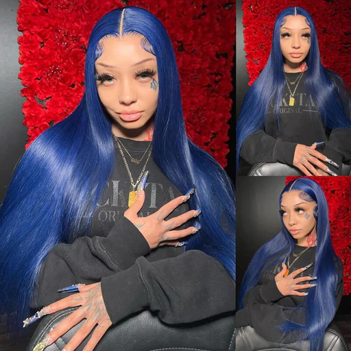 Flawless Blue - Allove Hair Navy Blue Human Hair 13x4 Hd Glueless Lace Frontal Wig - 28/deep Wave/200%