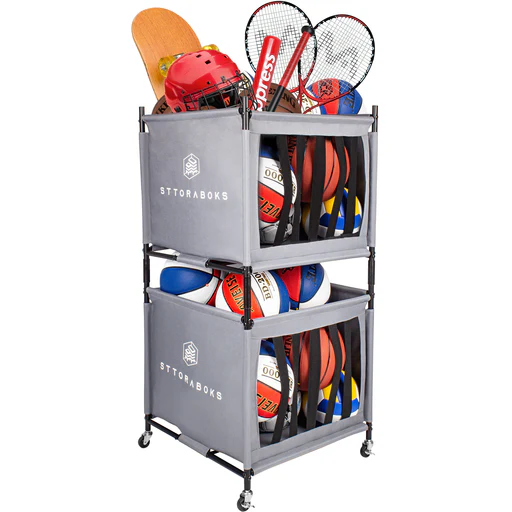 Sttoraboks Sports Ball Storage Cart With Wheels, Lockable Ball Organizer Basket With Elastic Straps, Stackable Ball Cage For Garage Storage, Gym, Sports Equipment Storage Oxford Bin, Black - 2 Pack