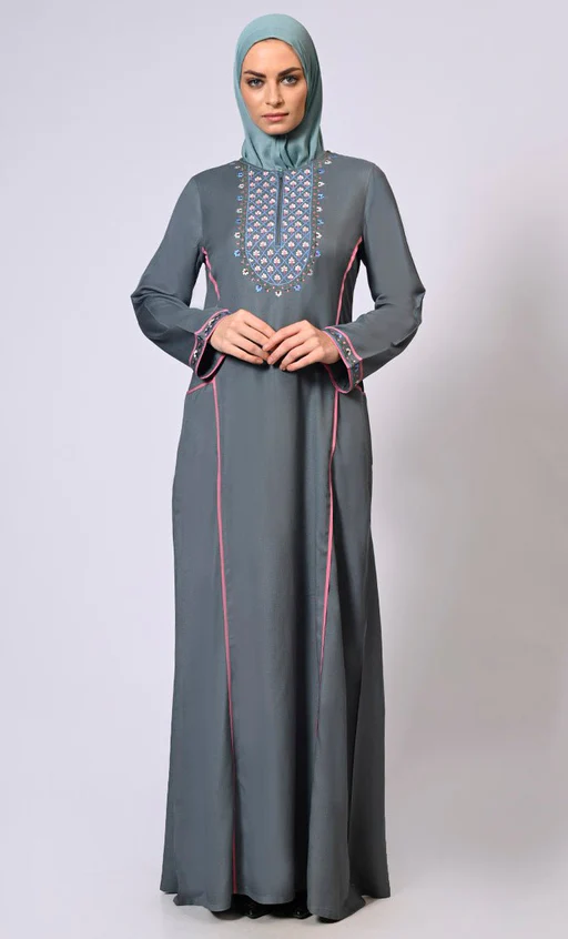 Feminine Flourish: Embroidered Front Zip Grey Abaya
