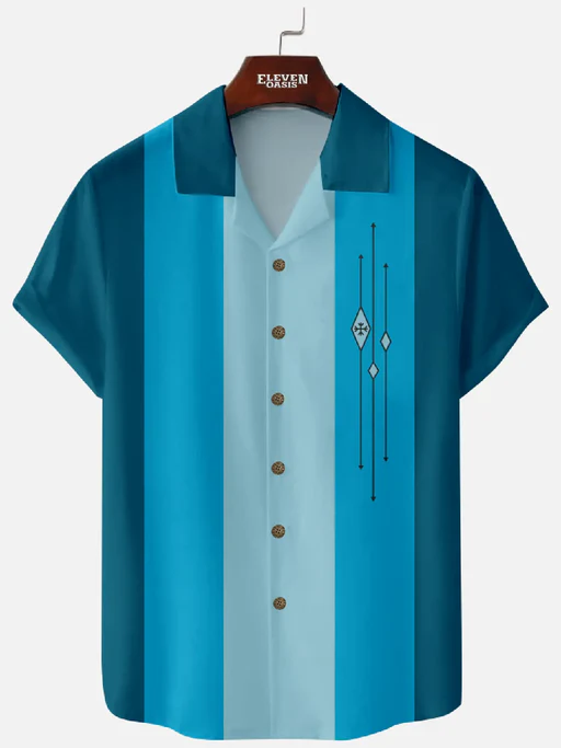 Men's Color-block Striped Casual Breathable Bowling Camp Collar Short Sleeve Shirt