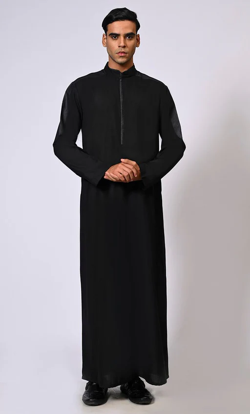 Men's Black Thobe With Contrast Denim Yoke And Sleeves Panel - 4xl/54