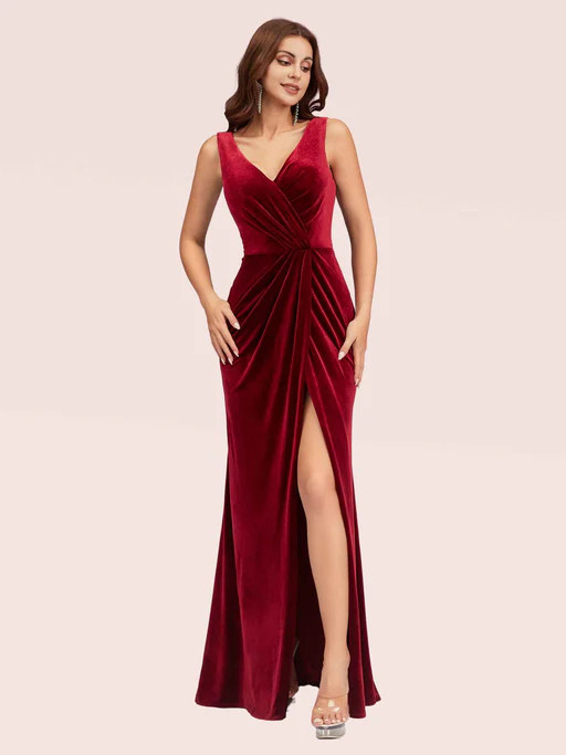 Elegant Mermaid V-neck Long Side Slit Off Shoulder Velvet Bridesmaid Dresses