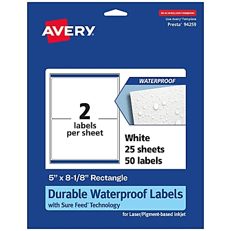 Avery Laser/inkjet Rectangle Waterproof Multipurpose Labels, 8.125" X 5", White, 50/pack