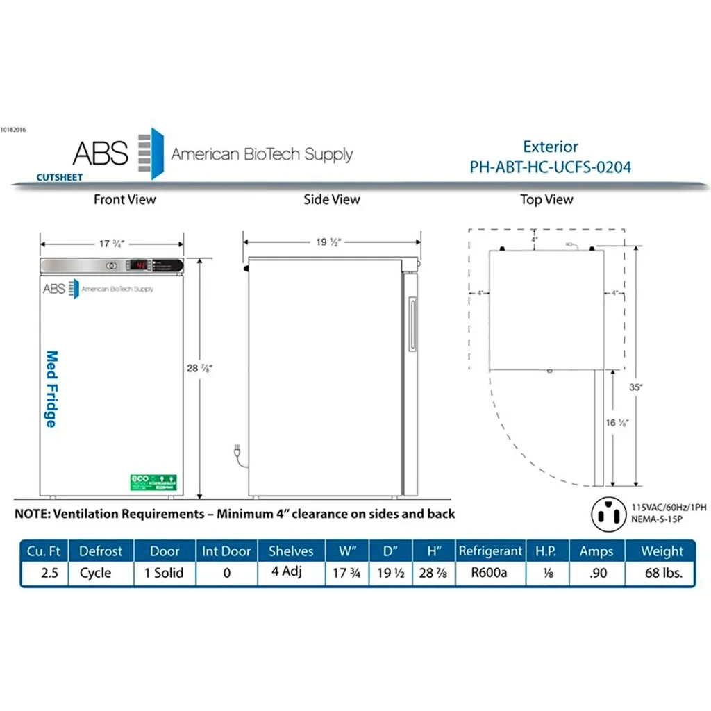 Abs Premier Pharmacy/vaccine Undercounter Refrigerator, 2.5 Cu. Ft., Freestanding, Solid Door