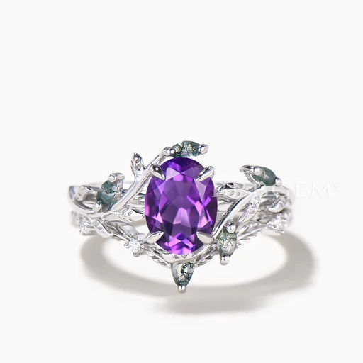 1.5ct Oval Cut Natural Amethyst Engagement Ring Moss Agate Leaf Bridal Set - 18k Rose Gold/2pc Ring Set