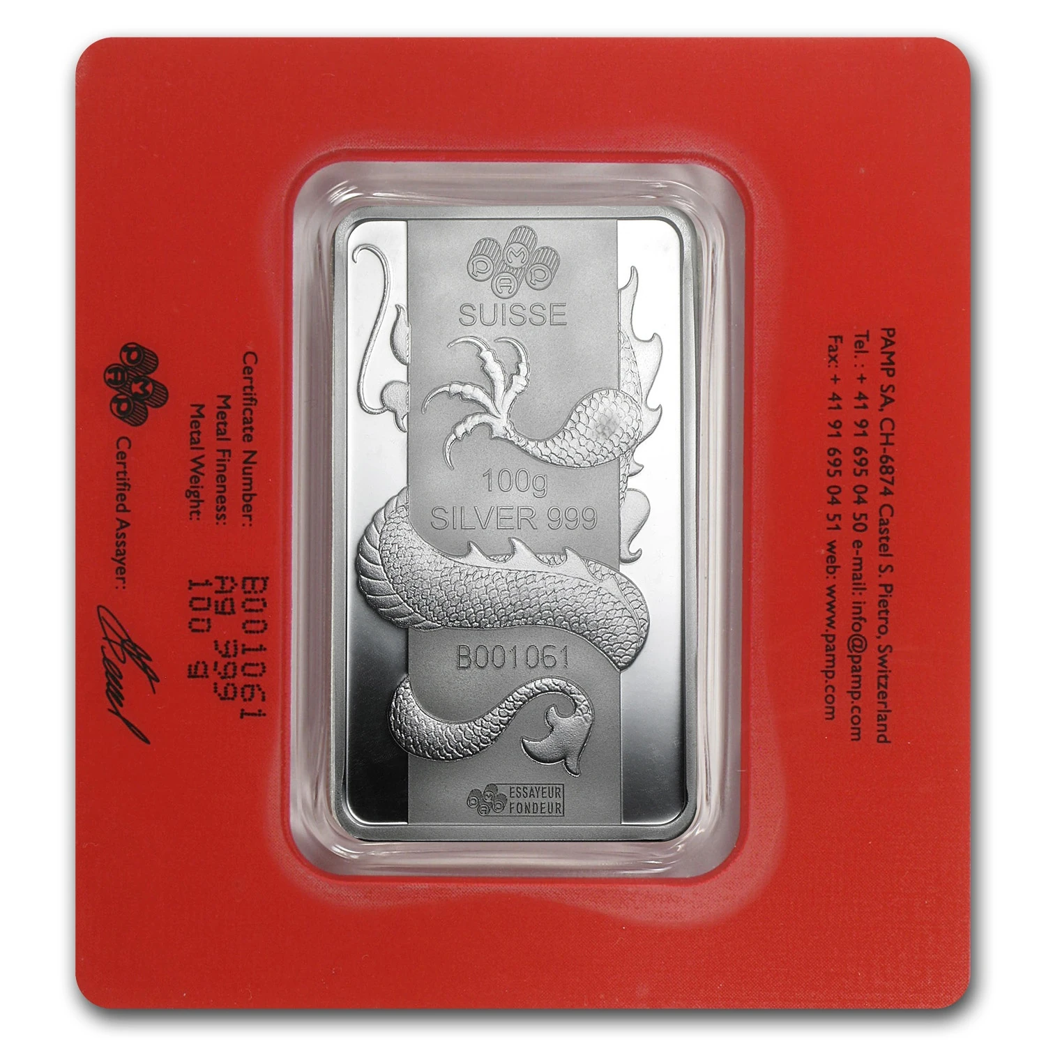 100 Gram Silver Bar - Pamp Suisse (year Of The Dragon)